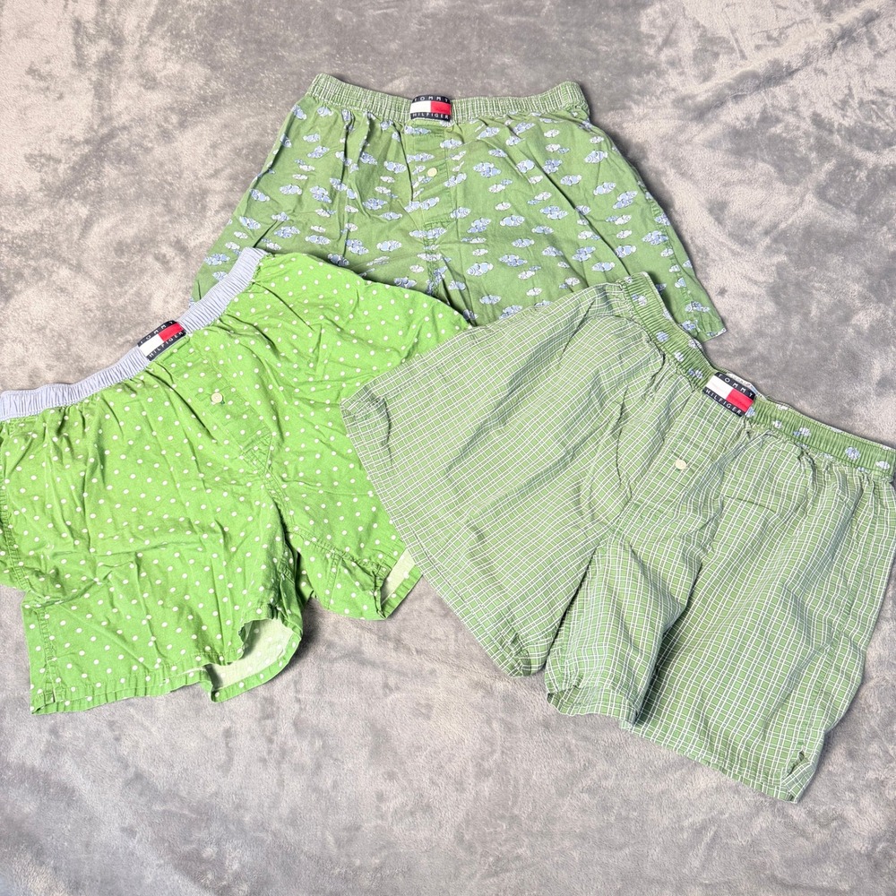 Tommy Hilfiger Mens Size L Boxer Shorts 3 Pack Green Plaid Polka Dot Fish Large